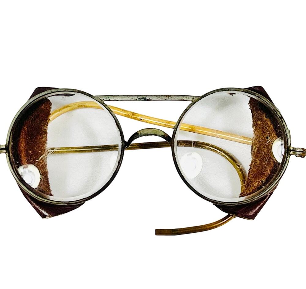 Antique Vintage Motorcycle Glasses W/ Side Leather Metal Wire Frame Round Lens